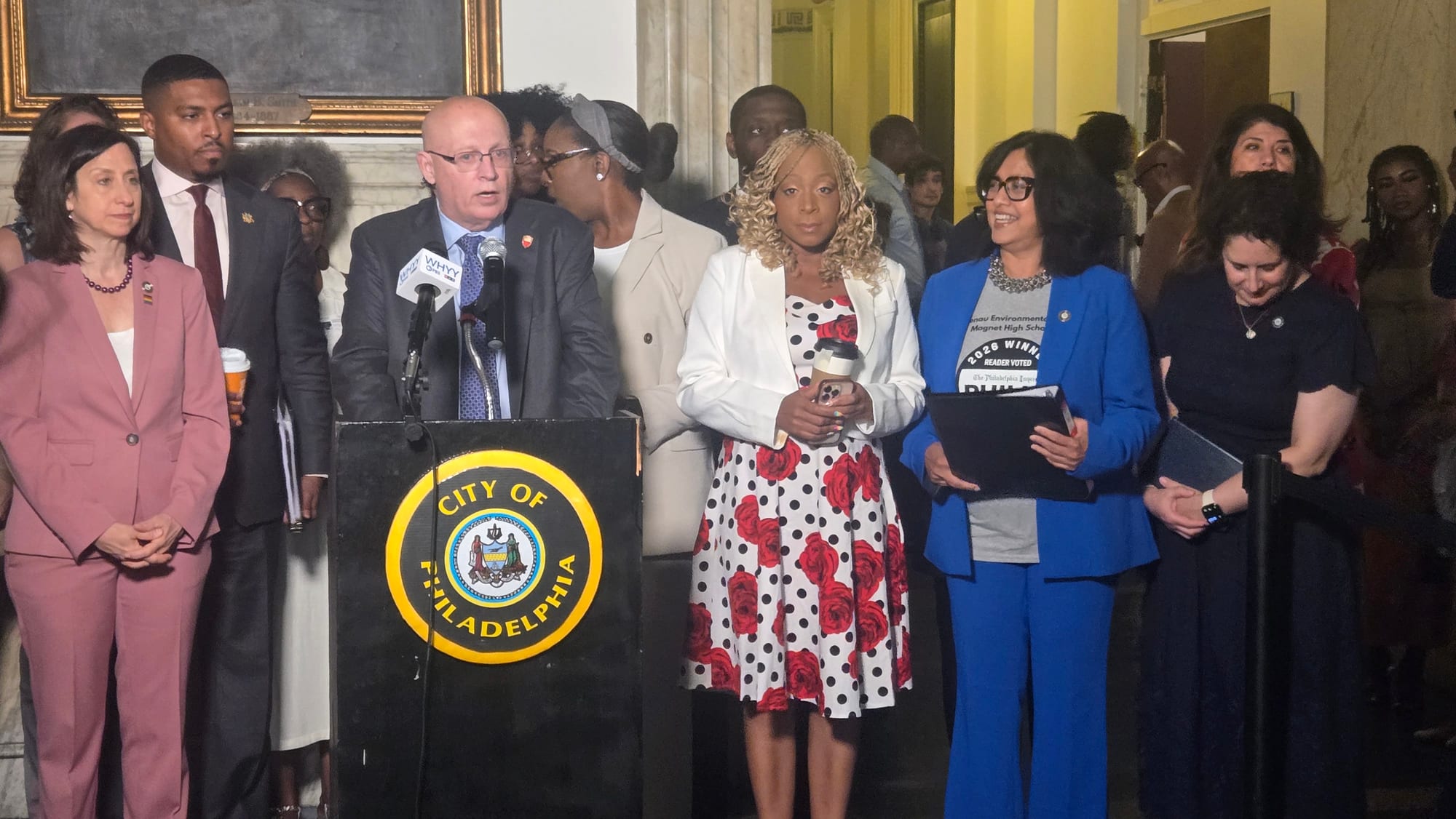PFT President Arthur G. Steinberg speaks at a press conference celebrating the restoration of 340 school staff positions outside of Council Chambers. 