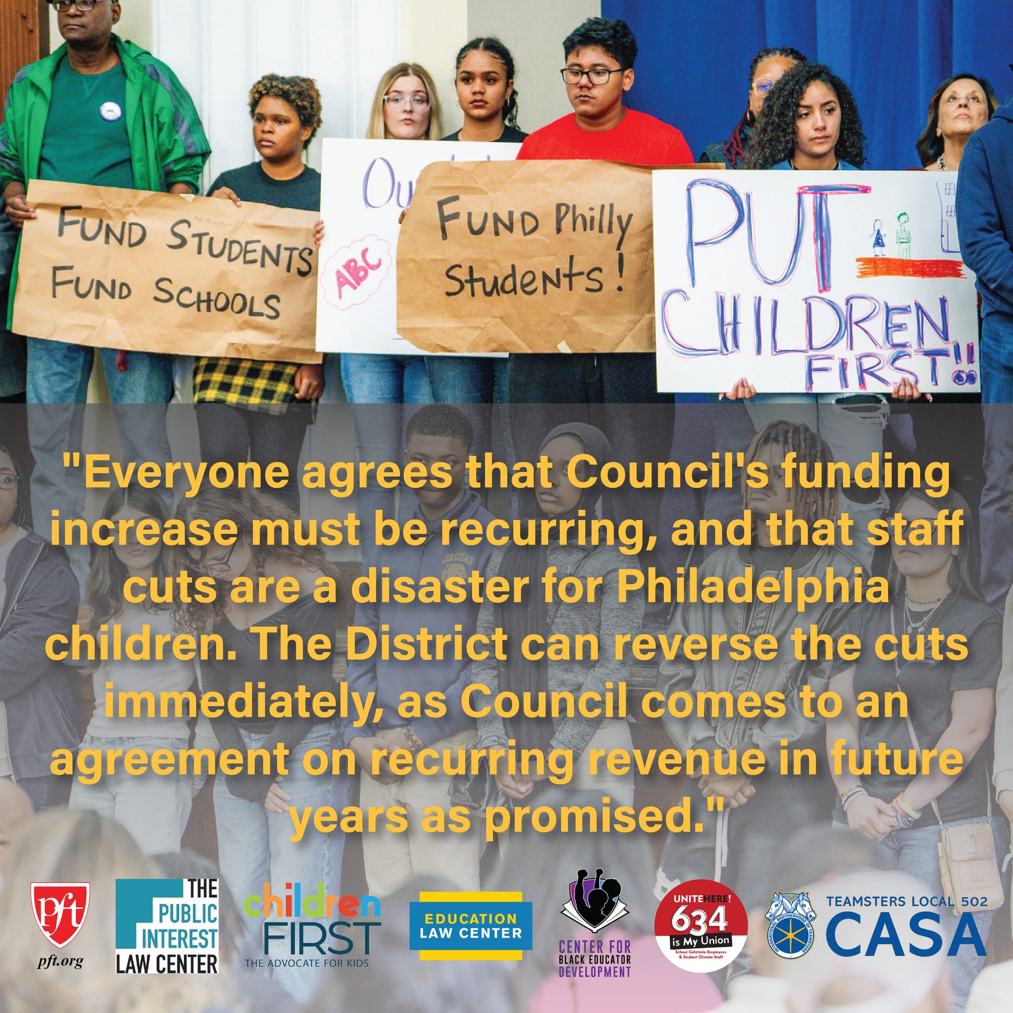 Public education advocates call on the District to reverse 340 school staff cuts.