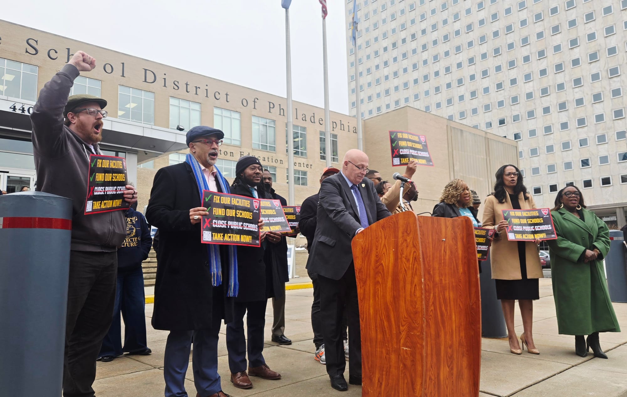 Feb. 26, 2026: PFT President Arthur G. Steinberg speaks at a rally led by all five School District of Philadelphia labor unions calling on the District to keep schools targeted for closure open by investing in facilities maintenance and repairs.