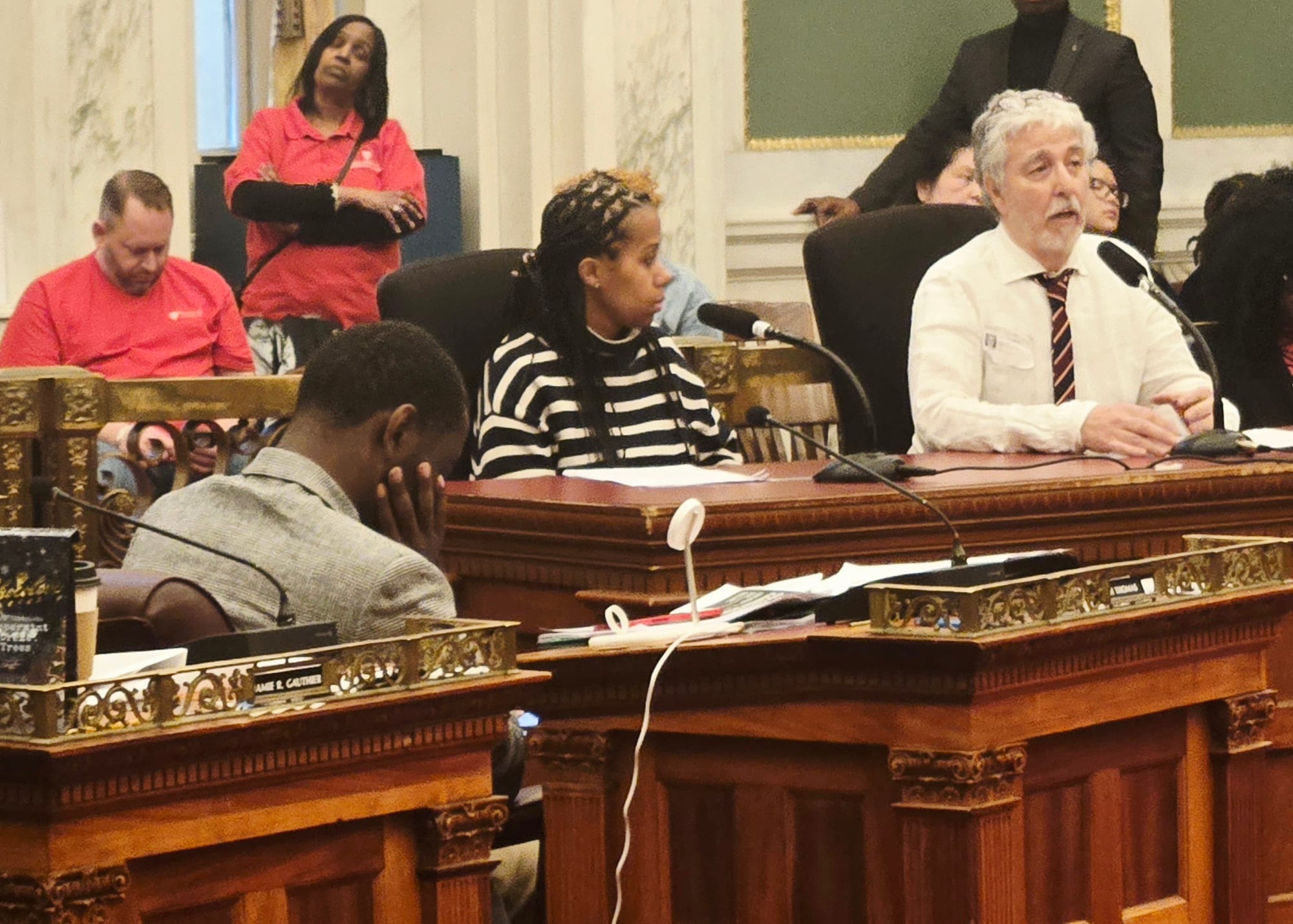 PFT Chief of Staff LeShawna Coleman and Director of Environmental Science Jerry Roseman share the union's concerns with the District facilities plan