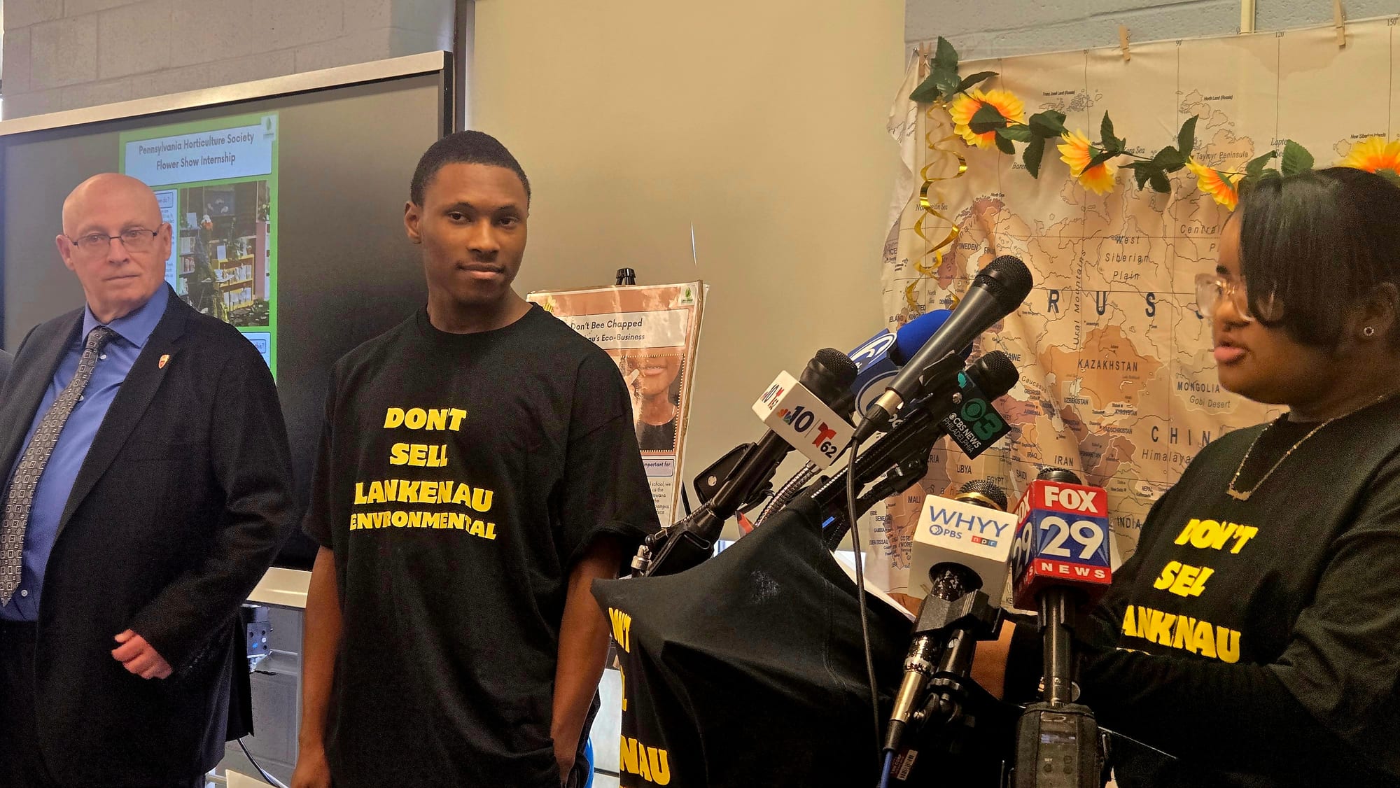 Lankenau Environmental Science students Sa'Niyah Bailey (9th grade) and Messiah Stokes (11th grade) speak at a PFT Day of Action event.